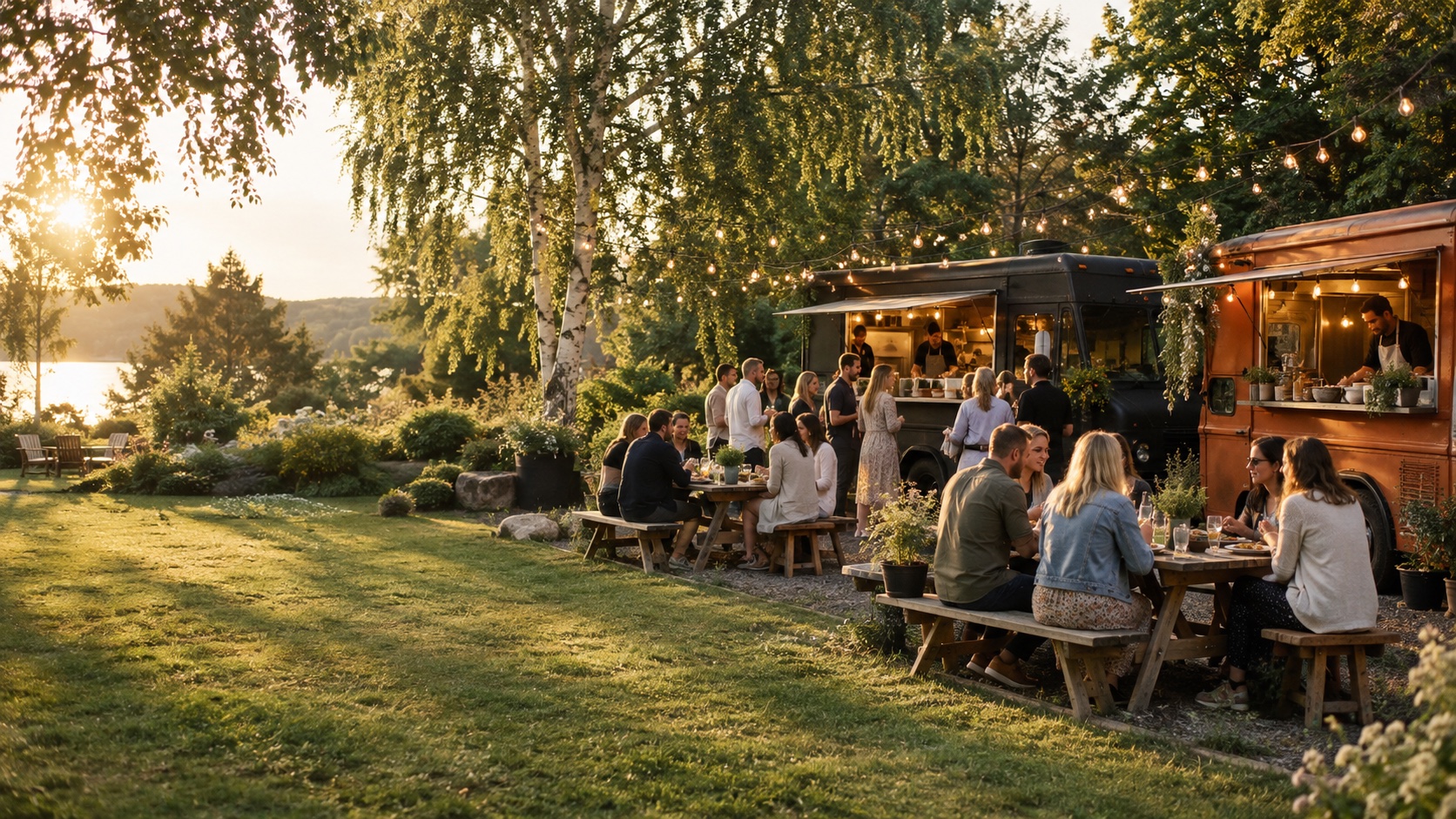 Gäster samlas kring foodtrucks i en grönskande trädgård i kvällssol